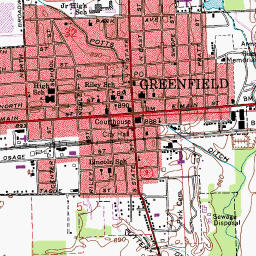 Topographic Map of Greenfield Fire Department Station 21, IN