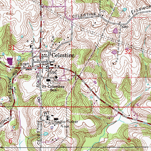 Topographic Map of Celestine Volunteer Fire Department, IN
