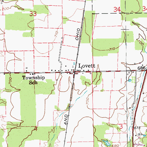 Topographic Map of Lovett Township Volunteer Fire Department, IN