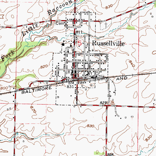 Topographic Map of Russellville and Community Volunteer Fire Department, IN