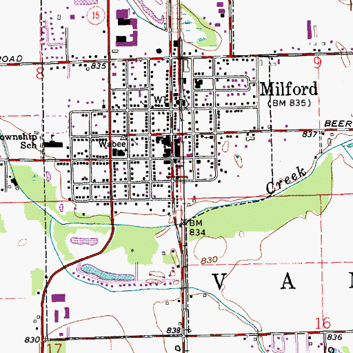 Topographic Map of Milford Volunteer Fire Department, IN