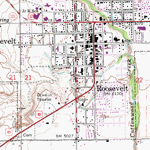 Topographic Map of Roosevelt Fire Department, UT