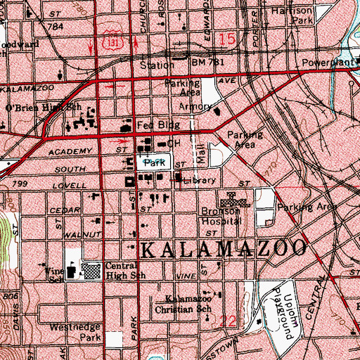 Topographic Map of Kalamazoo Public Library, MI