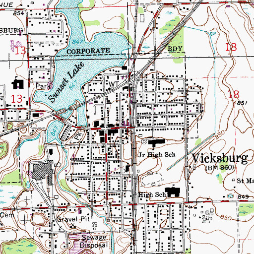 Topographic Map of Vicksburg Village Hall, MI