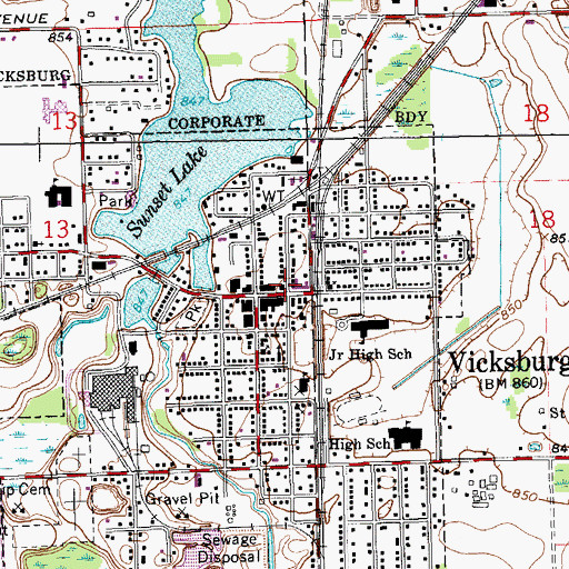 Topographic Map of Vicksburg Post Office, MI
