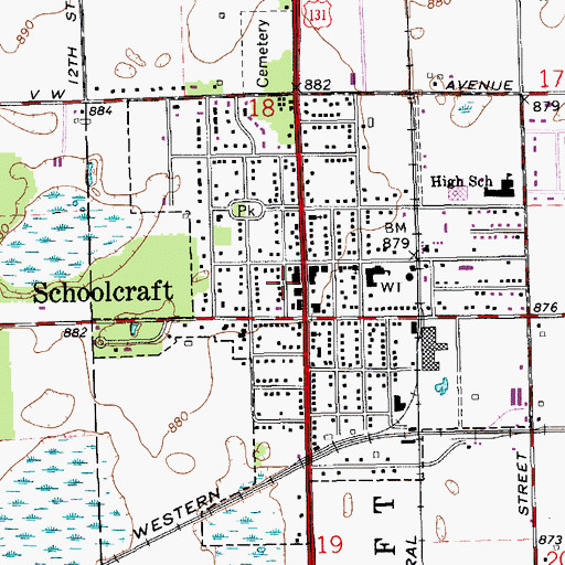Topographic Map of Schoolcraft Post Office, MI
