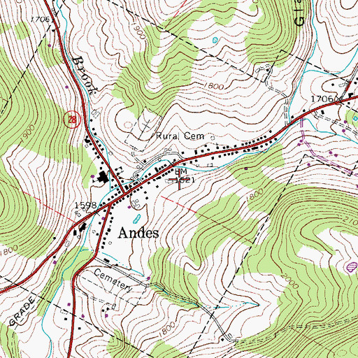Topographic Map of Andes Census Designated Place, NY