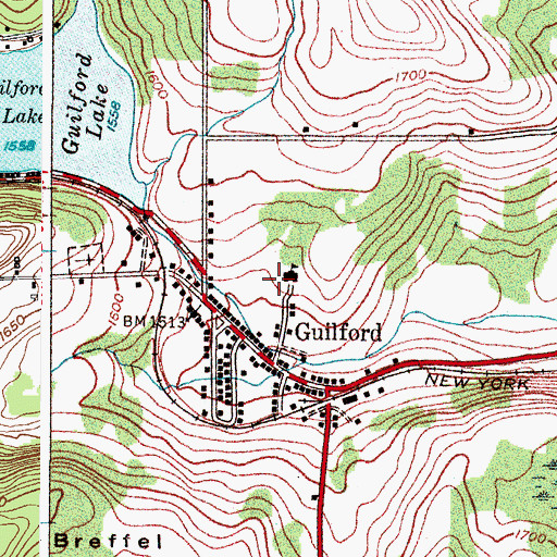Topographic Map of Guilford Census Designated Place, NY