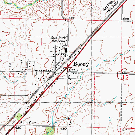 Topographic Map of Boody Census Designated Place, IL