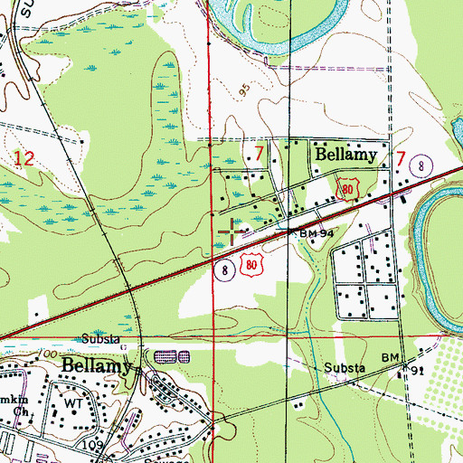 Topographic Map of Bellamy Census Designated Place, AL