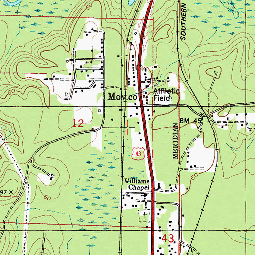 Topographic Map of Movico Census Designated Place, AL