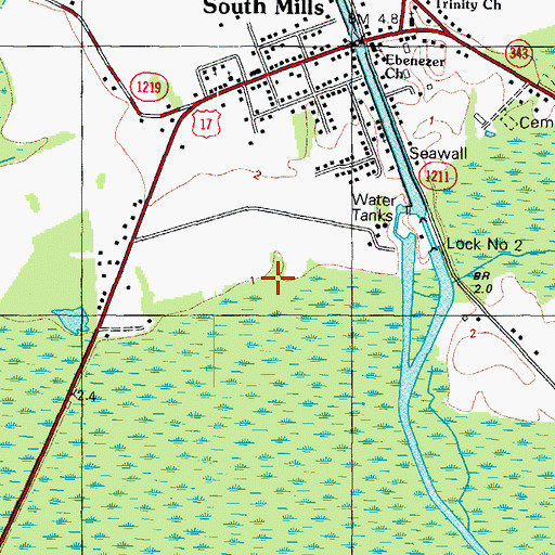 Topographic Map of South Mills Census Designated Place, NC