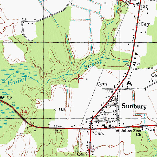 Topographic Map of Sunbury Census Designated Place, NC