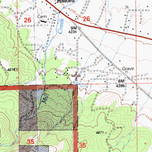 Topographic Map of Milford Census Designated Place, CA