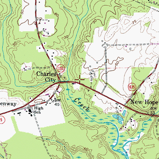 Topographic Map of Charles City Census Designated Place, VA