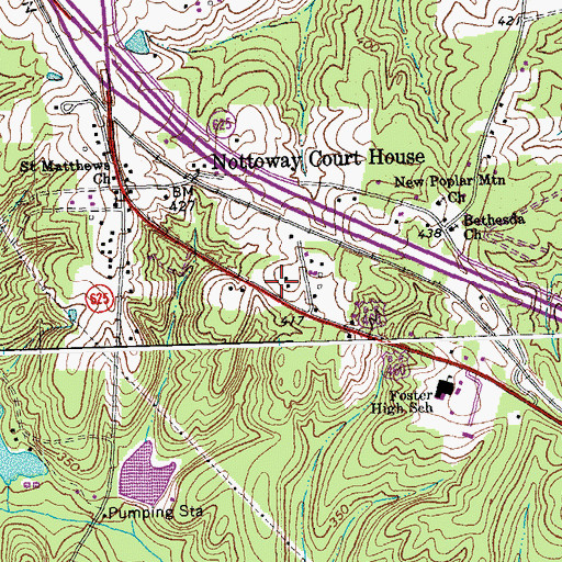 Topographic Map of Nottoway Court House Census Designated Place, VA