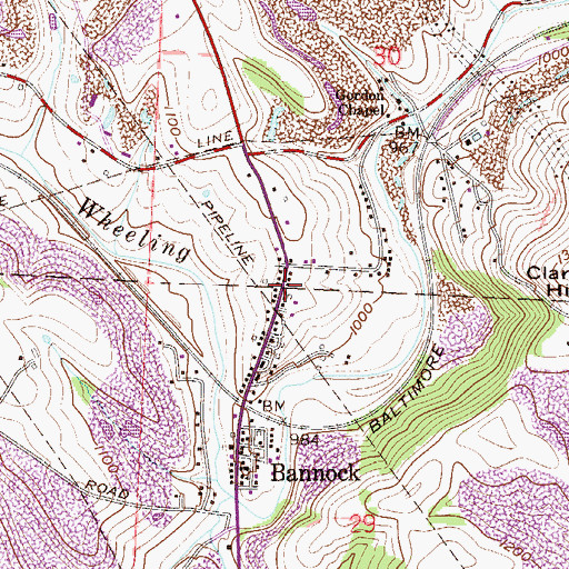Topographic Map of Bannock Census Designated Place, OH