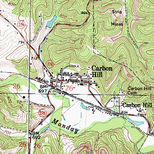 Topographic Map of Carbon Hill Census Designated Place, OH