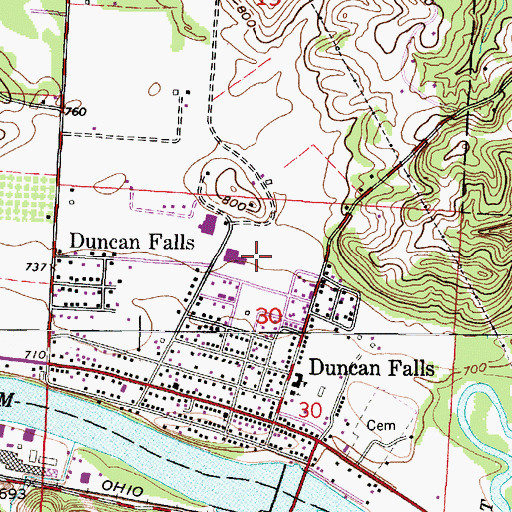 Topographic Map of Duncan Falls Census Designated Place, OH