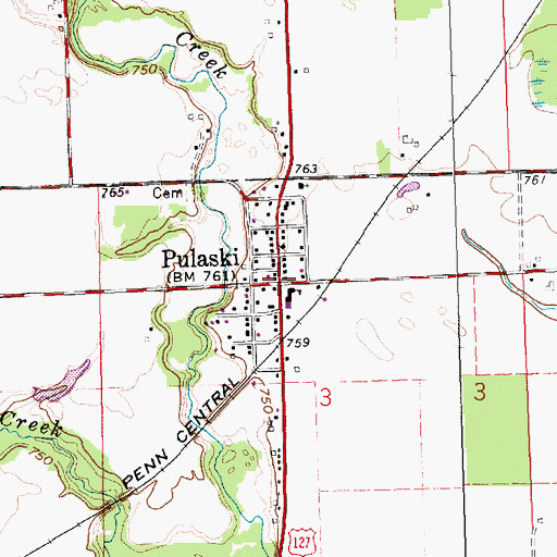 Topographic Map of Pulaski Census Designated Place, OH
