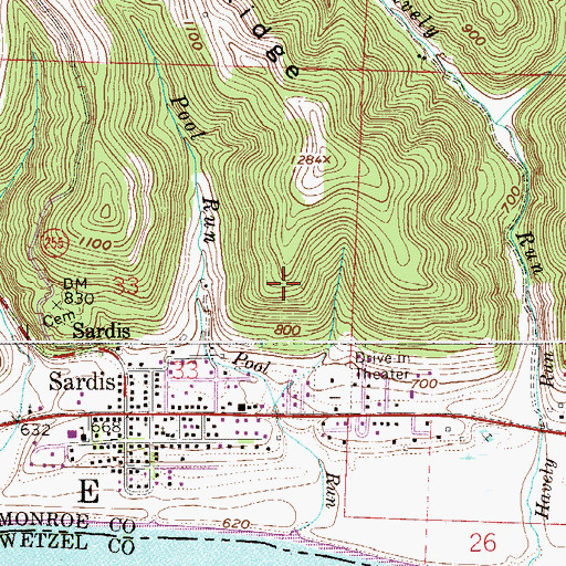 Topographic Map of Sardis Census Designated Place, OH