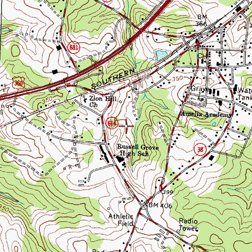 Topographic Map of Amelia Court House Census Designated Place, VA