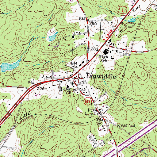 Topographic Map of Dinwiddie Census Designated Place, VA