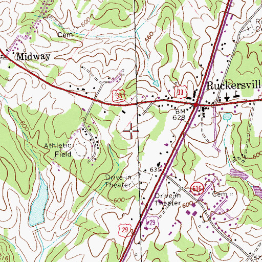 Topographic Map of Ruckersville Census Designated Place, VA