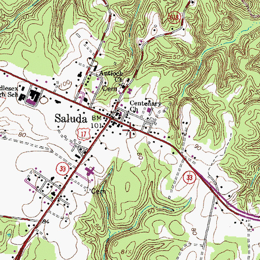 Topographic Map of Saluda Census Designated Place, VA