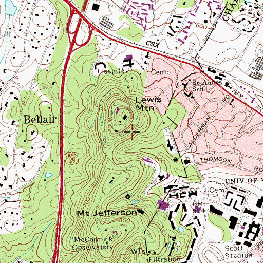 Topographic Map of University of Virginia Census Designated Place, VA