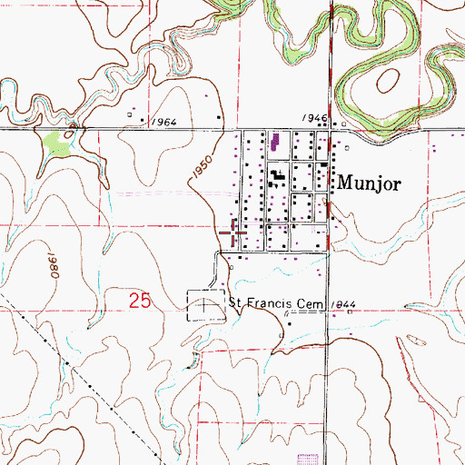 Topographic Map of Munjor Census Designated Place, KS