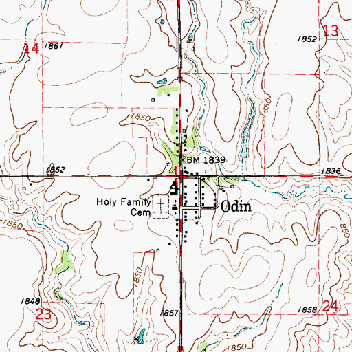 Topographic Map of Odin Census Designated Place, KS