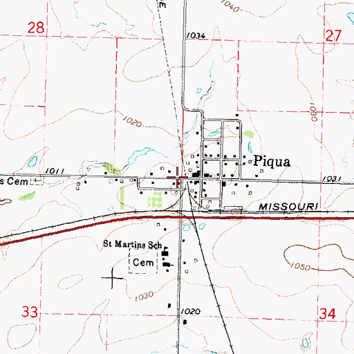 Topographic Map of Piqua Census Designated Place, KS