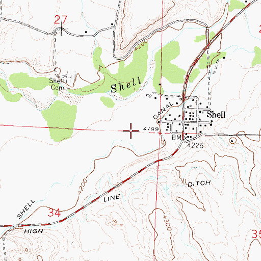 Topographic Map of Shell Census Designated Place, WY
