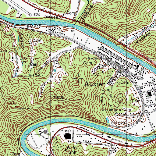 Topographic Map of Auxier Census Designated Place, KY