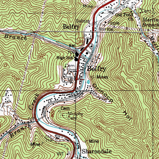 Topographic Map of Belfry Census Designated Place, KY