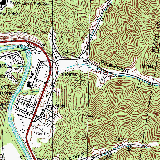 Topographic Map of Betsy Layne Census Designated Place, KY