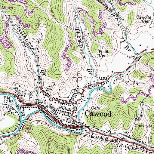 Topographic Map of Cawood Census Designated Place, KY