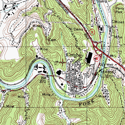 Topographic Map of Combs Census Designated Place, KY