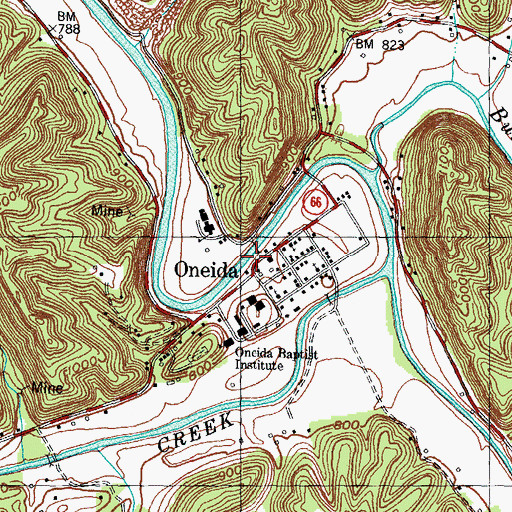 Topographic Map of Oneida Census Designated Place, KY