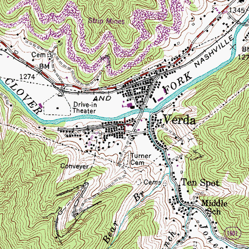 Topographic Map of Verda Census Designated Place, KY
