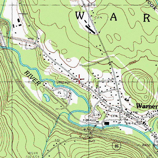 Topographic Map of Warner Census Designated Place, NH