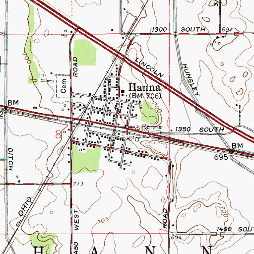 Topographic Map of Hanna Census Designated Place, IN