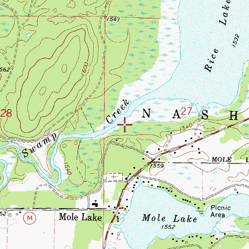 Topographic Map of Mole Lake Census Designated Place, WI