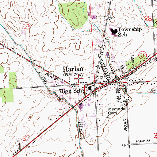 Topographic Map of Harlan Census Designated Place, IN