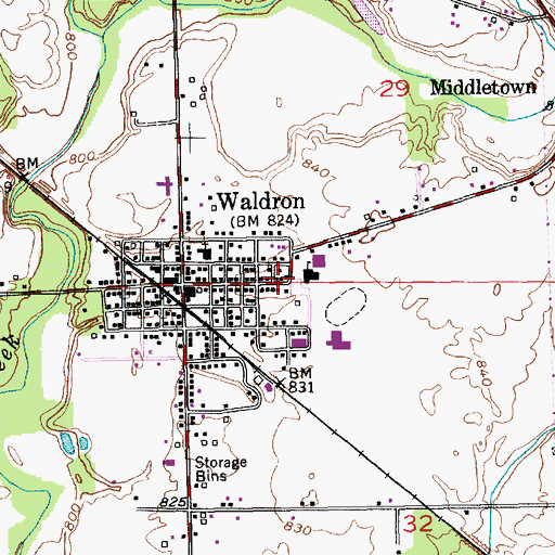 Topographic Map of Waldron Census Designated Place, IN