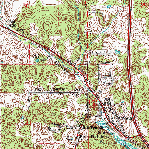 Topographic Map of Avoca Census Designated Place, IN