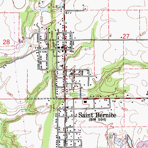 Topographic Map of Saint Bernice Census Designated Place, IN