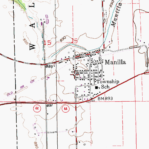 Topographic Map of Manilla Census Designated Place, IN