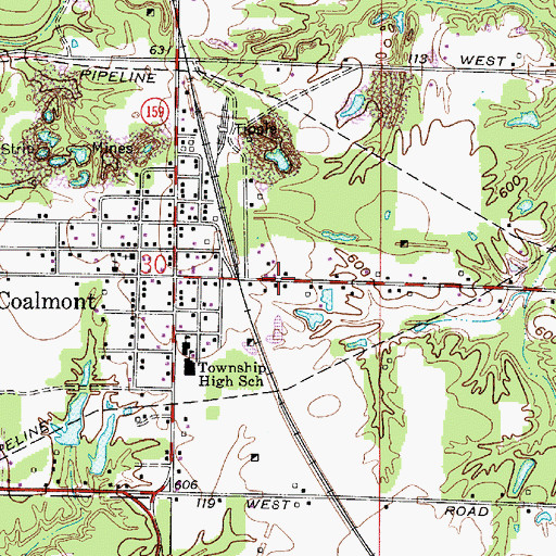 Topographic Map of Coalmont Census Designated Place, IN